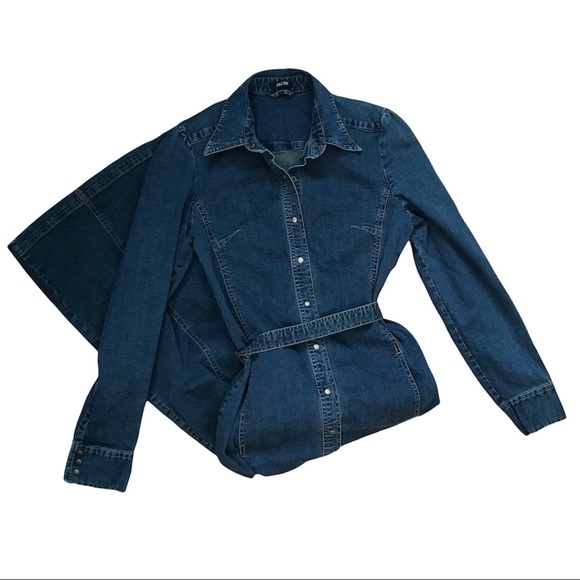 Jacob Y2K Dark Wash Denim Snap Button Maxi Midi Long Sleeve Dress Size 9/10 - Picture 3 of 10